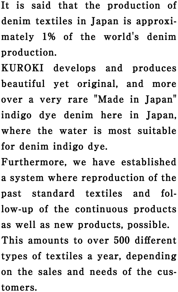 It is said that the production of denim textiles in Japan is approximately 1% of the world's denim production.